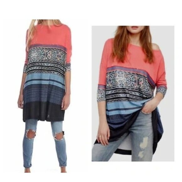 Free People Black Combo Steppin Out Printed Shirt Dress Tunic‎ Size Medium - Picture 2 of 11